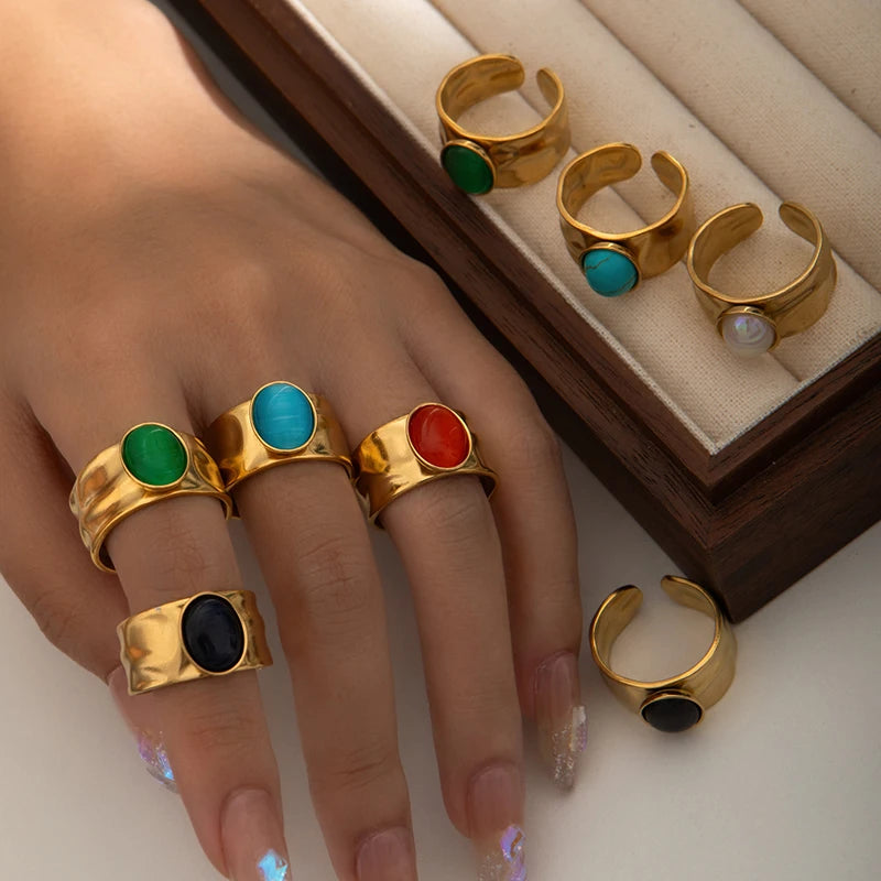 ANENJERY 316L Stainless Steel Colorful Stone Wide Smooth Open Ring for Women Men Elegant Noble Jewelry Gifts Wholesale