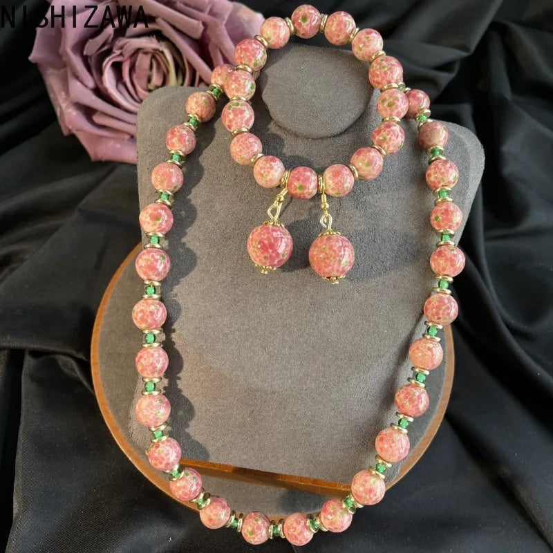 NISHIZAWA Pink Flowers Earrings for Women Beaded Vintage Court Style Elegant Jewelry Fashion Sweet Exquisite Aretes De Mujer