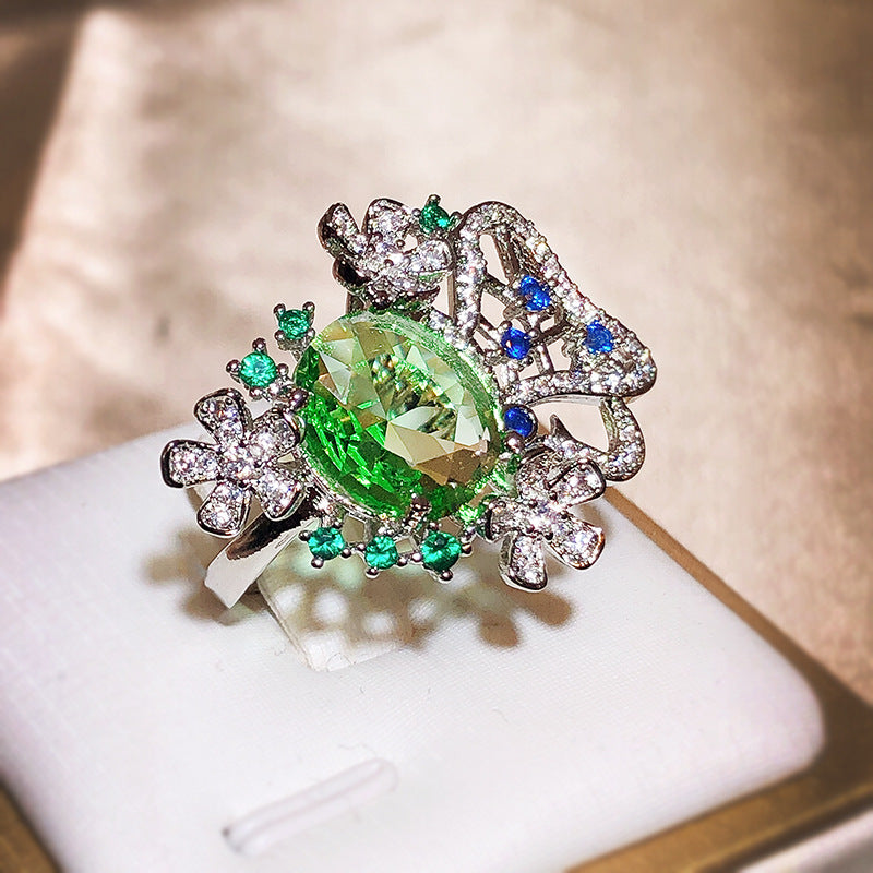 New Small Fresh Flower Oval Green Zircon Ring For Women 925 Silver Cutout Jewelry Wedding Goddess Festival Gift
