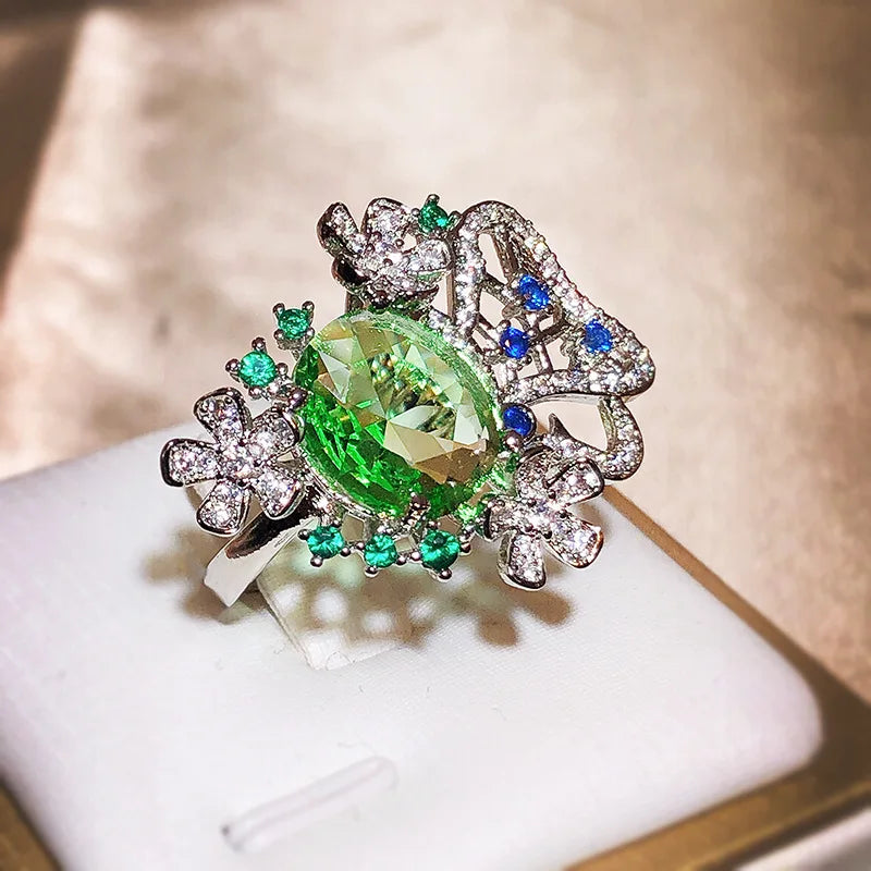 New Small Fresh Flower Oval Green Zircon Ring For Women 925 Silver Cutout Jewelry Wedding Goddess Festival Gift