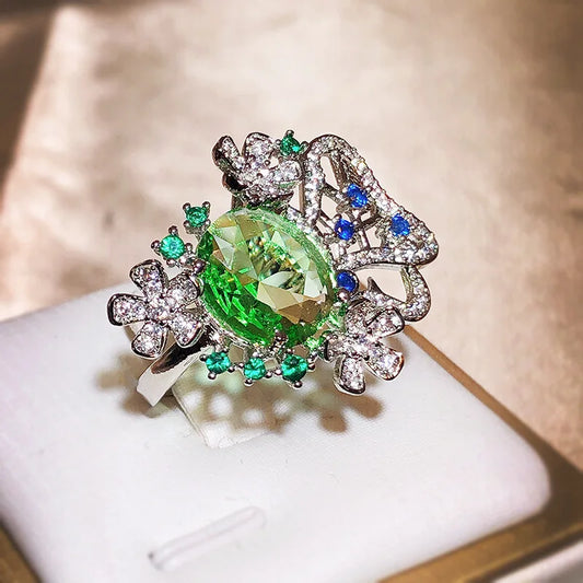 New Small Fresh Flower Oval Green Zircon Ring For Women 925 Silver Cutout Jewelry Wedding Goddess Festival Gift