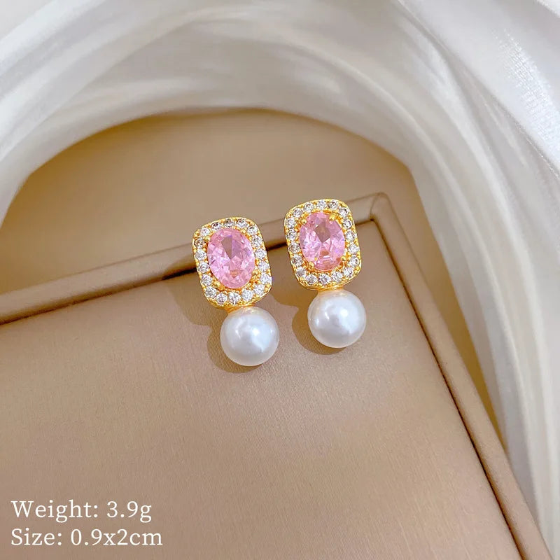 316L Stainless Steel Pink Crystal Pearl Charm Necklace Earrings For Women Girl New Trend Non-fading Jewelry Set Gift