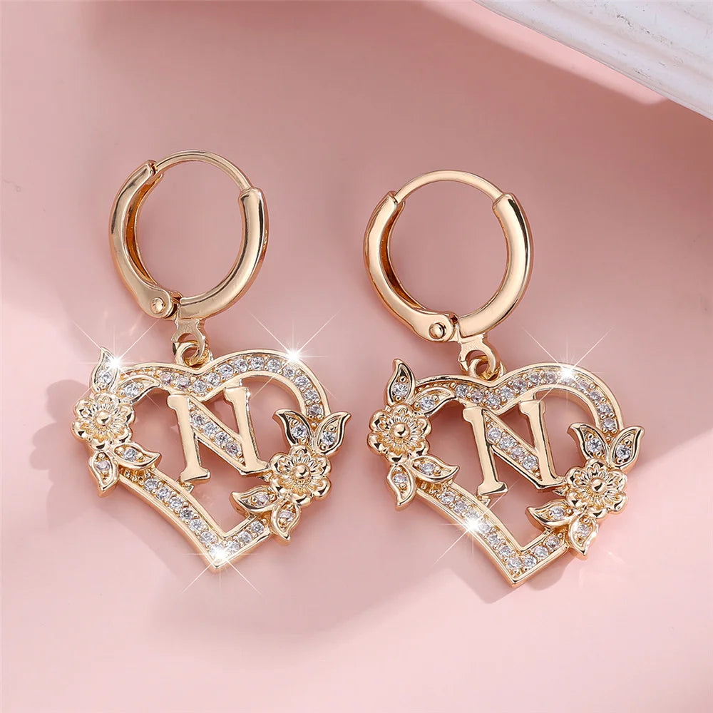 Female A-Z 26 Letter Heart Flower Hoop Earrings Yellow Gold Color White Zircon Wedding Jewelry For Women