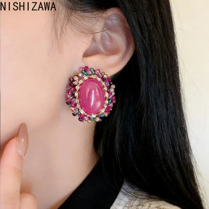 NISHIZAWA Geometric Stud Earrings for Women Versatile Vintage Palace Style Pendientes Mujer Elegant Sweet Jewelry