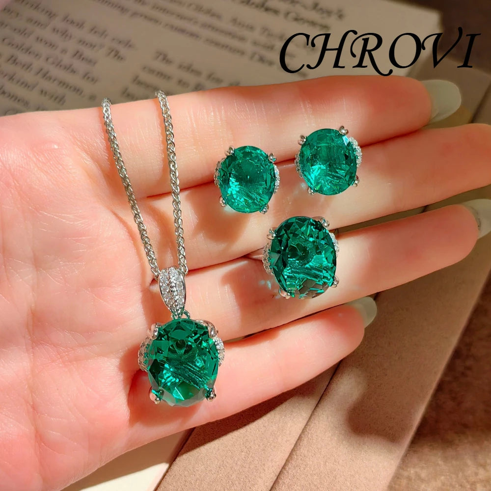 Luxurious 925 sterling silver exquisite pendant necklace, diamond ring, stud earrings, gemstone set set for women