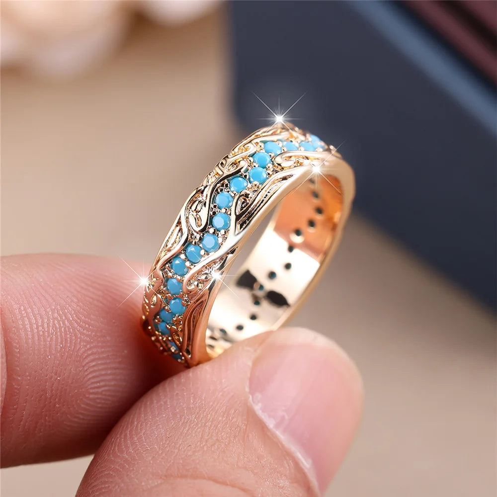Cute Female Blue Round Stone Ring Novelty Gold Color Party Jewelry For Women