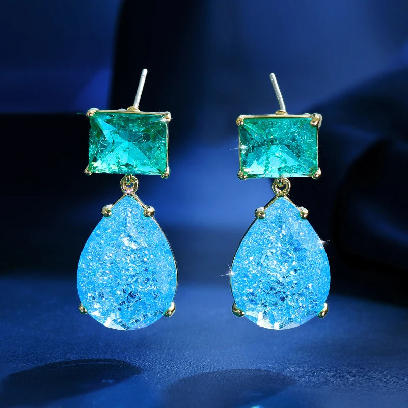 ThreeGraces Unique Green Blue Zirconia Elegant Ice Crack Water Droplet Earrings for Women Fashion Daily Party Jewelry E2007