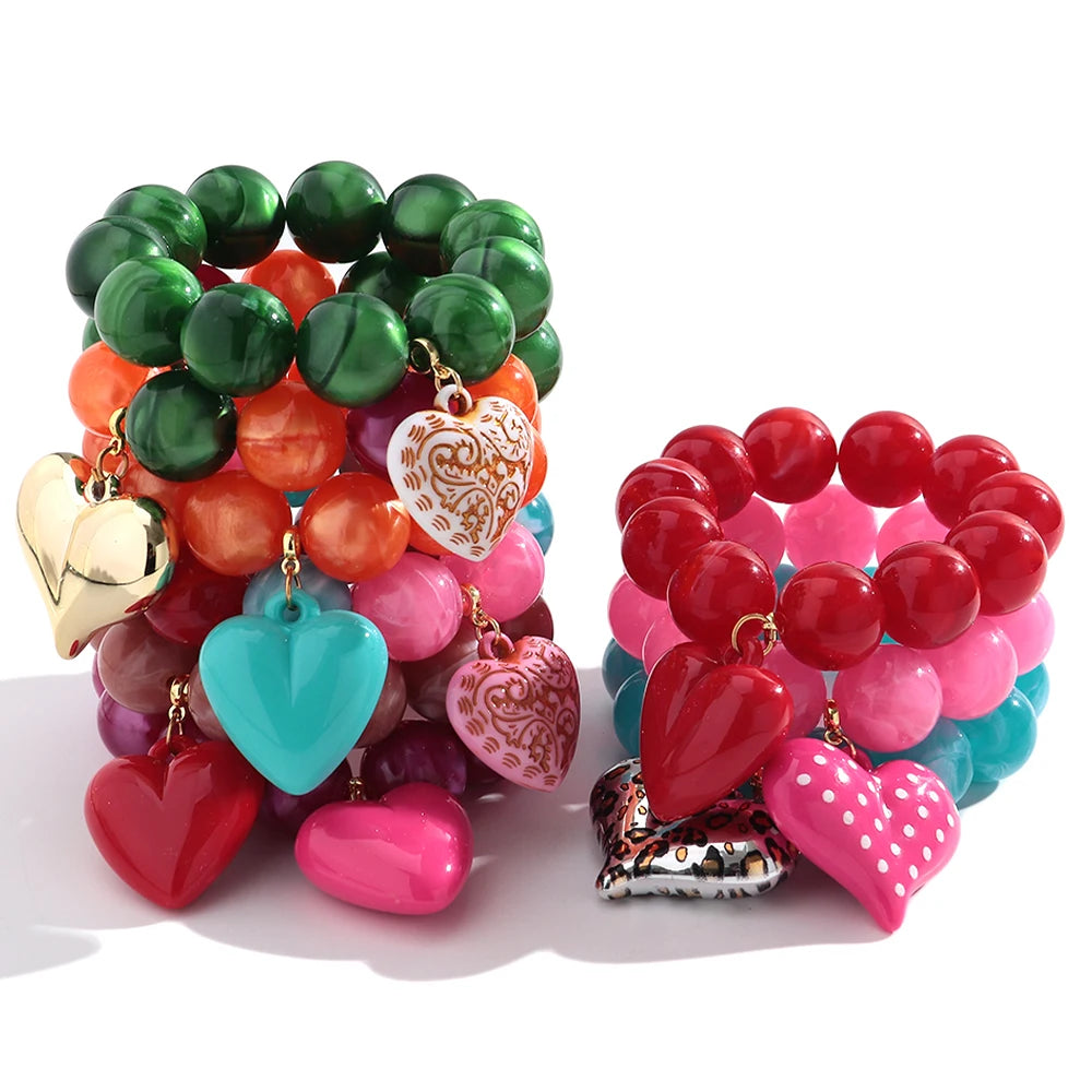 Boho Colorful Round Beads Heart Pendant Elastic Bracelets Fashion Geometric Beaded Bangle Bracelet Women Jewelry Gifts