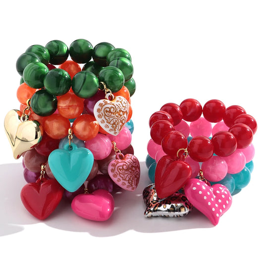 Boho Colorful Round Beads Heart Pendant Elastic Bracelets Fashion Geometric Beaded Bangle Bracelet Women Jewelry Gifts