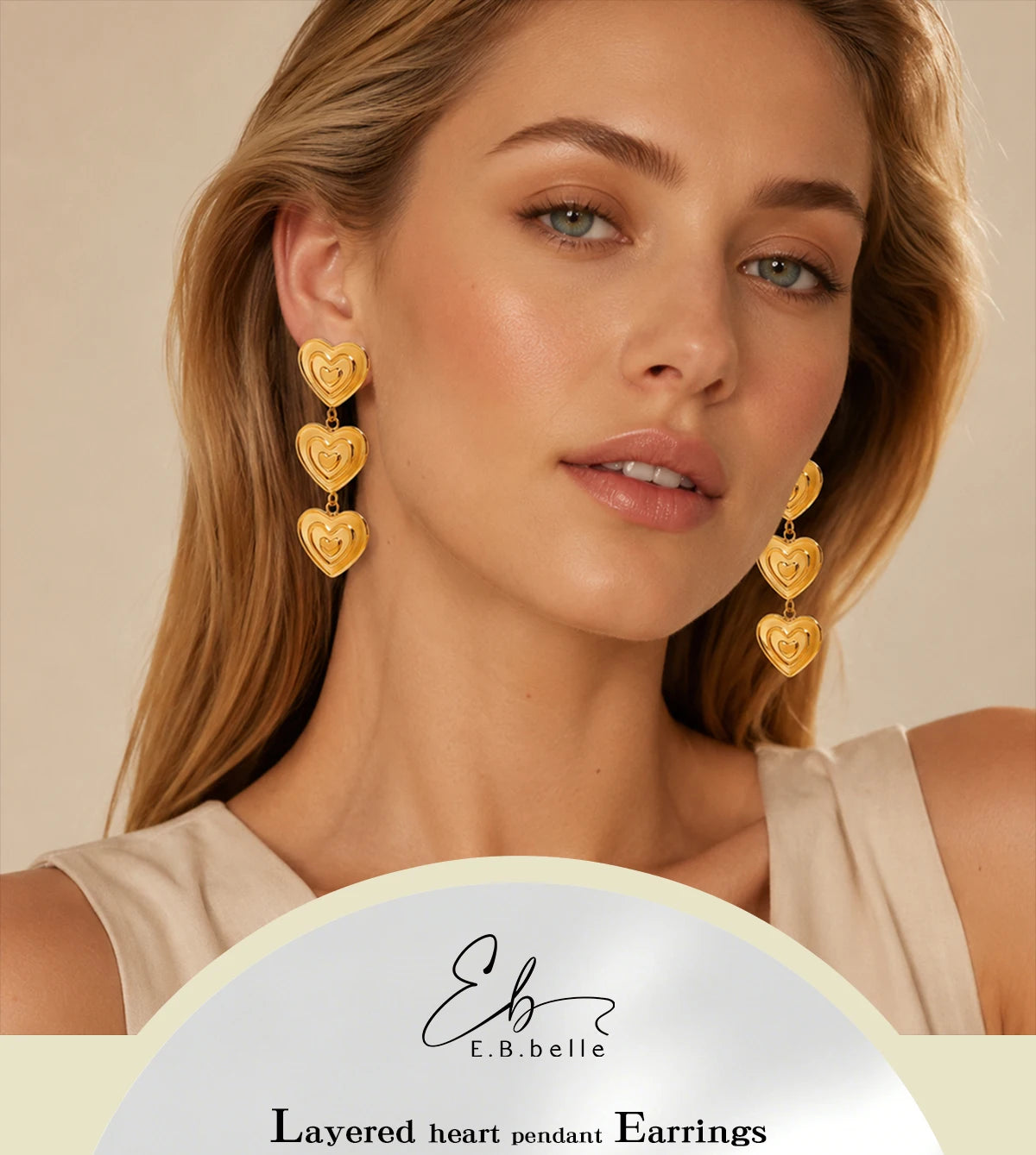 E.B.belle Modern Triple Heart Stud Earrings For Women 18K Gold Plated Waterproof Stainless Steel Earrings Fashion Ladies Jewelry