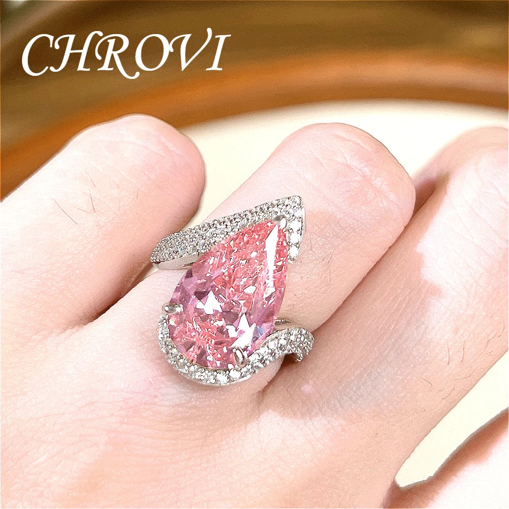 Luxury-Style 925Sterling Silver Drop-shaped Pink Zirconia Fashion Ring Full Diamond-Engraved Elegant Open Design Women's Jewelry