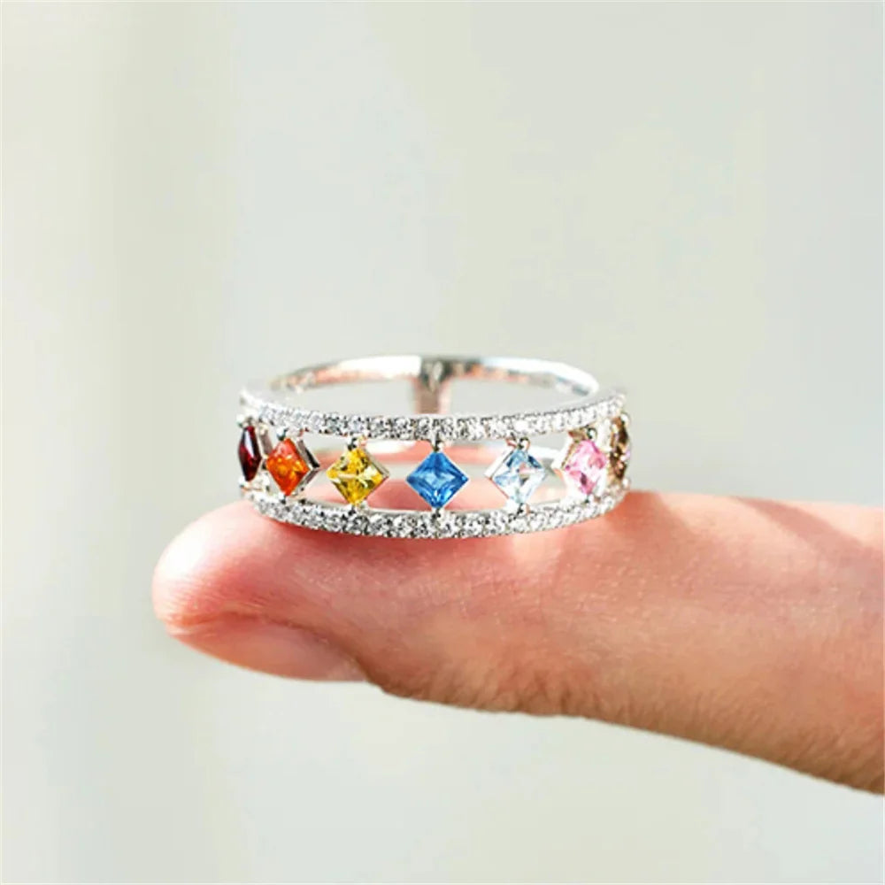 Cute Female Rainbow Zircon Stone Silver Color Wedding Jewelry Promise Love Engagement Rings For Women