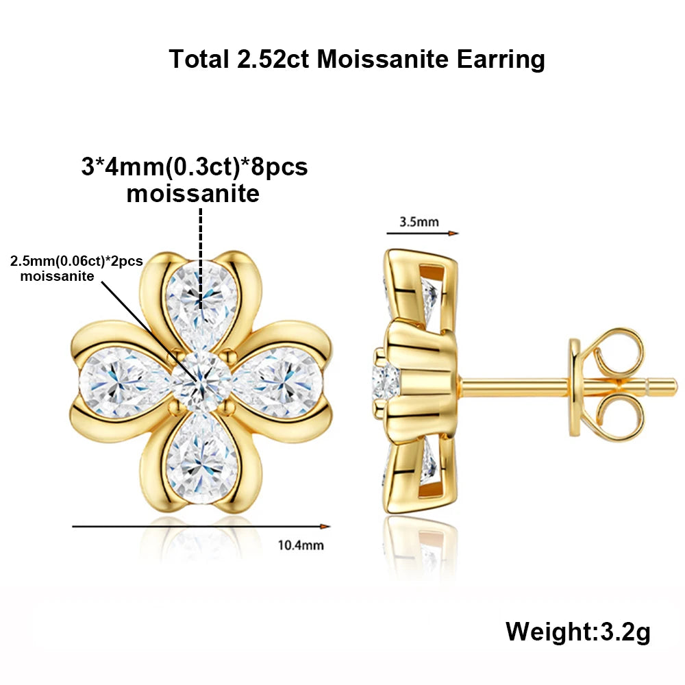 18K Gold Plated 2.52cttw All Moissanite Stud Earring For Women Pear/Round Cut Diamond 925 Sterling Silver Flower Wedding Jewelry