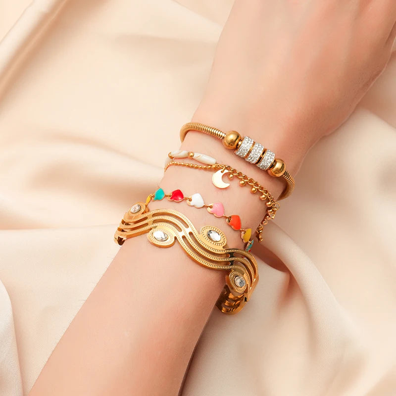 EILIECK 316L Stainless Steel Beads Rhinestones Bracelet For Women Girl New Trendy Waterproof Wrist Chain Bangles Jewelry Gift