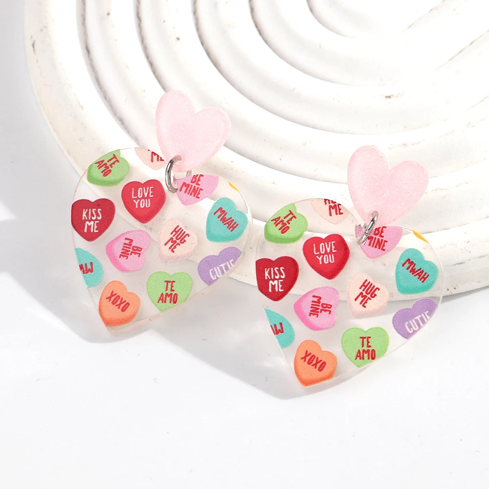 Sweet Acrylic Heart Love Message Drop Earrings for Women Resin Heart Shape Pendant Earrings Valentines Day Gifts