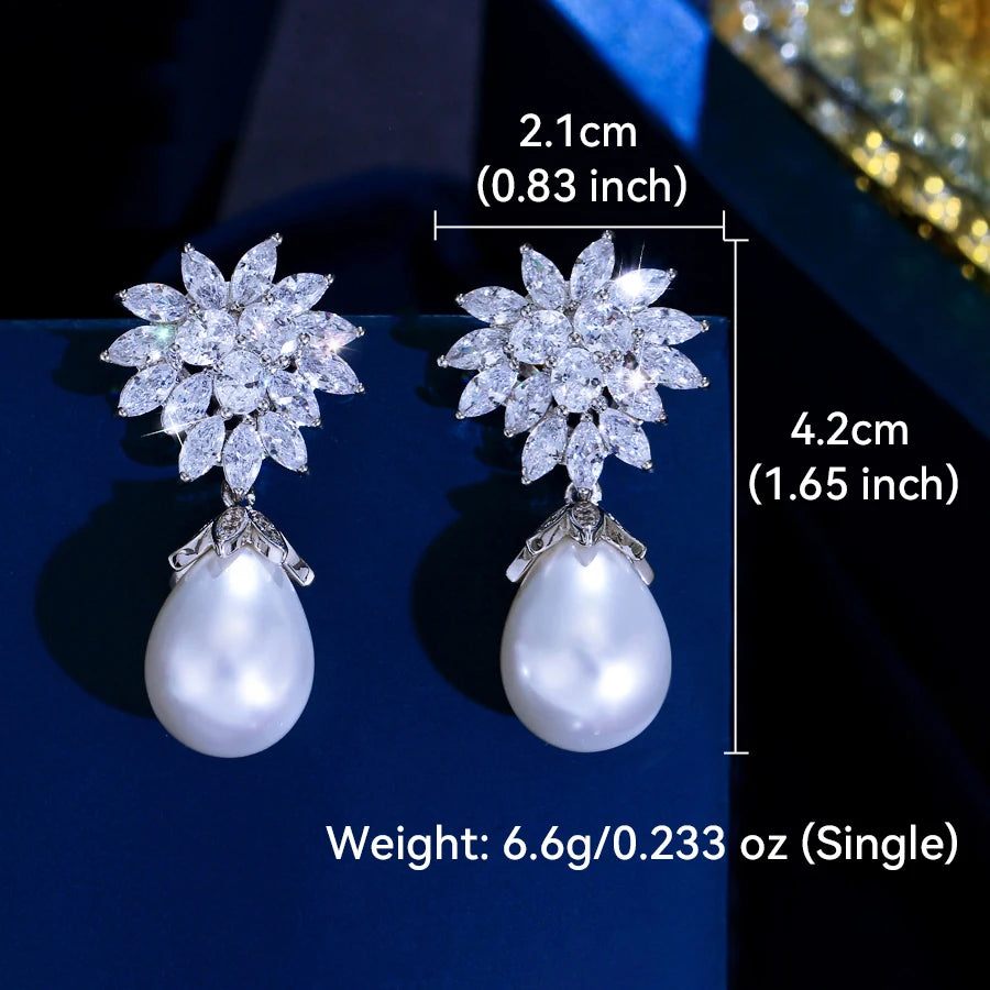 ThreeGraces Elegant Shiny Zirconia Long Big Simulated Pearl Bridal Wedding Engagement Earrings for Women Party Jewelry E1992