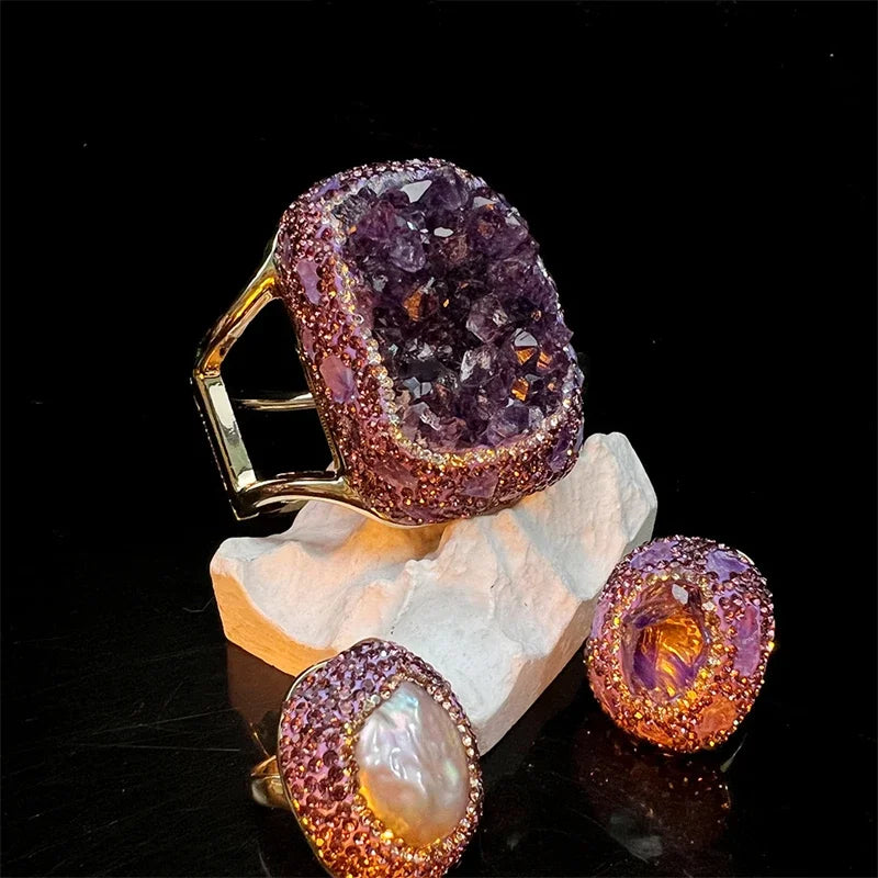 Raw Amethyst Quartz Baroque Freshwater Pearl Bracelet Ring Dotted with Rhinestone Amethyst Original Crysta Love Guardian Jewelry