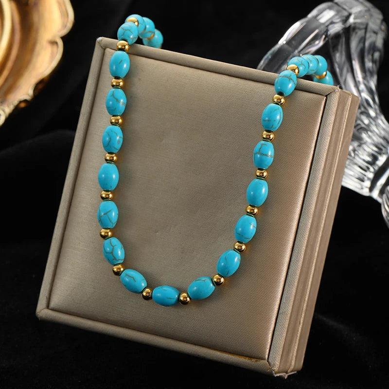 EILIECK 316L Stainless Steel Green Stone Necklaces Irregular Bead String Necklace Fashion Women's Vacation Jewelry Chain Chokers