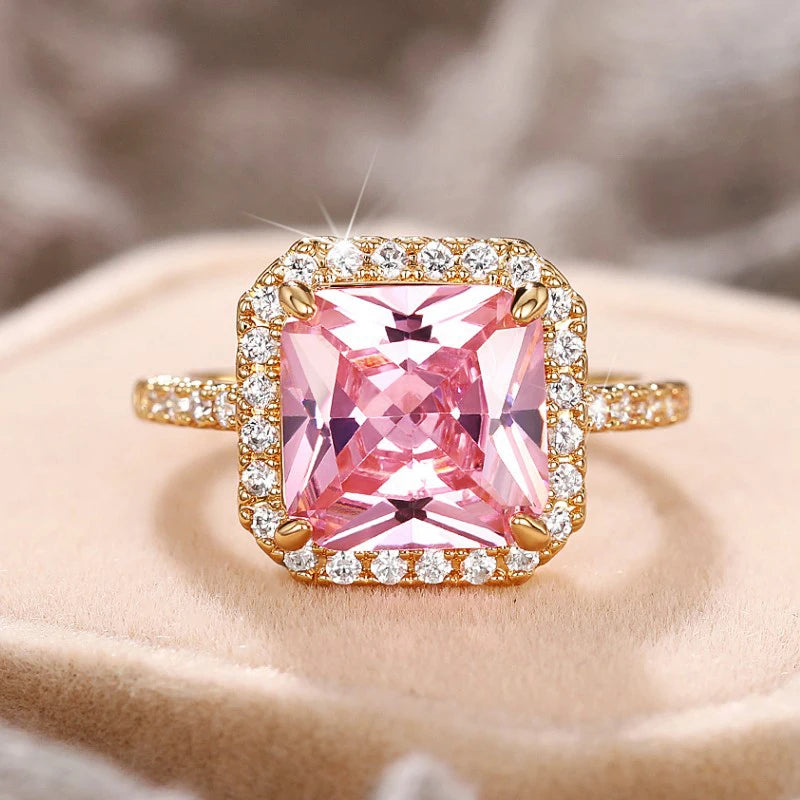 Huitan Temperament Sweet Pink CZ Women Rings Anniversary Party Luxury Trendy Female Accessories Fancy Gift Fashion Jewelry