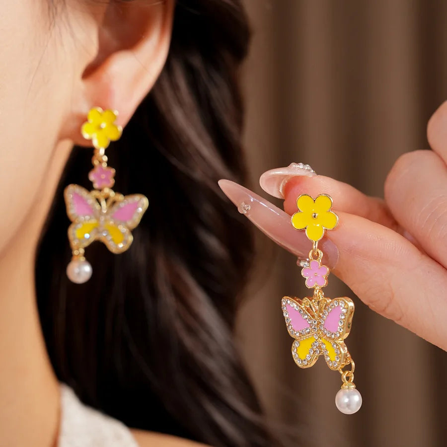 Pink Yellow Butterfly Flower Jewelry Set Sweet Enamel Necklace Drop Earrings Women's Fashion Party Banquet Accessories K