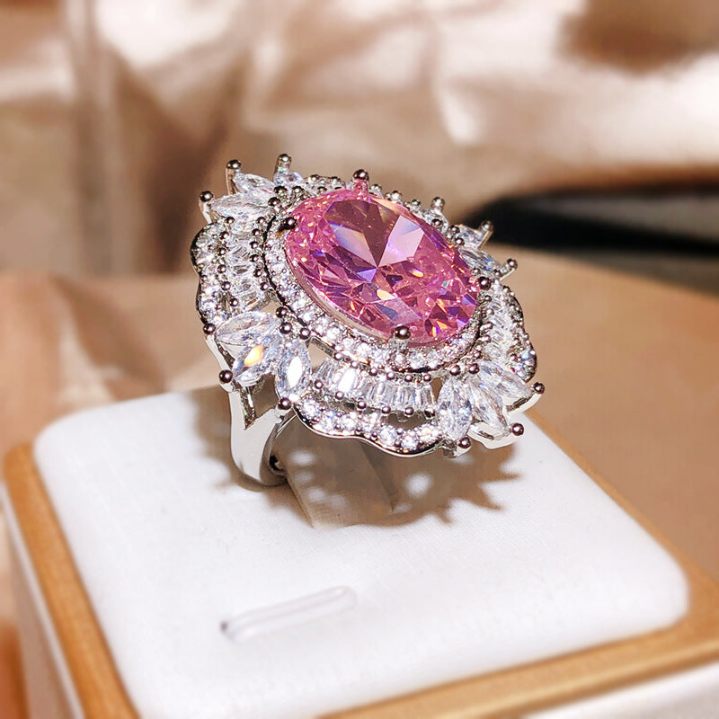 925 Silver Ring New Water Drop Shaped Pink Zircon Full Diamond Opening Ring For Women's Party Wedding Jewelry Gift