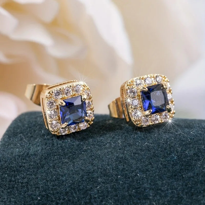 Eternity Green CZ Stud Earrings for Women Gold Color Luxury Bride Wedding Earrings Elegant Ear Accessories Party Jewelry
