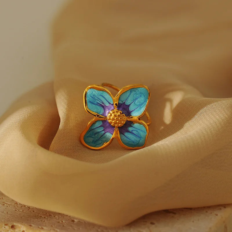 EILIECK 316L Stainless Steel Blue-purple Flowers Open Ring for Women Stylish Design Water Resistant Metal Finger Rings Jewelry