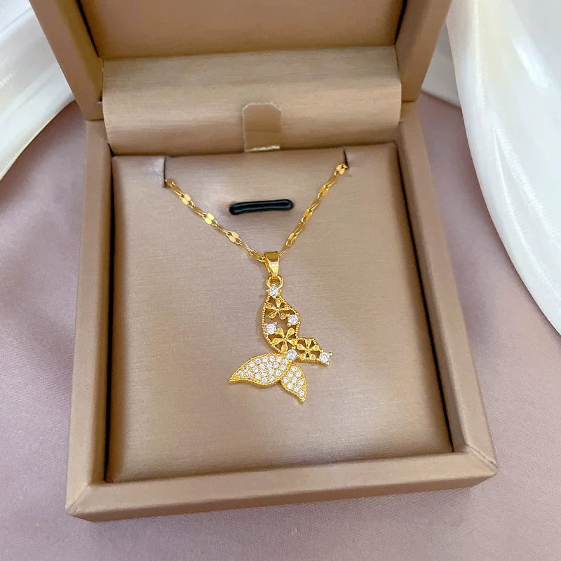 EILIECK 316L Stainless Steel Shine Cubic Zircon Butterfly Pendant Necklace Gold Color Texture Metal Personalized Chain Jewelry