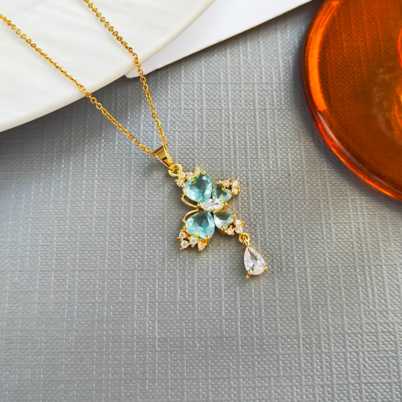 ANENJERY 316L Stainless Steel Blue Zircon Butterfly Necklace For Women Girls Glamorous Delicate Jewelry Gifts Wholesale Party