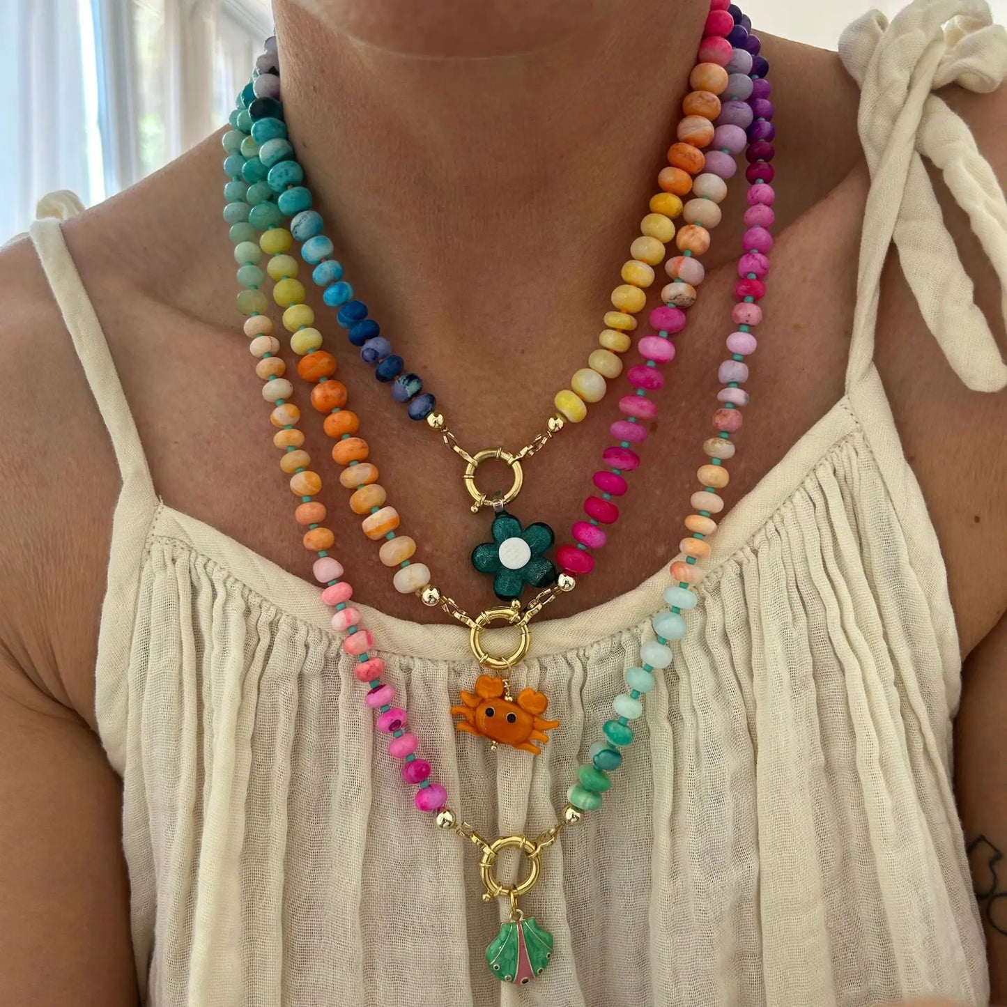 Handmade Colorful Glass Beaded Flower Neckalce Stainless Steel Geometric Natural Stone Pendant Choker Summer Beach Jewelry Gift
