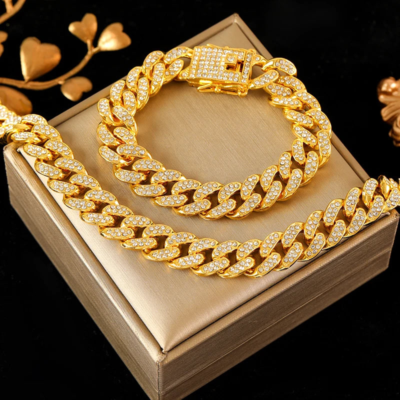 EILIECK Exquisite Geometric Thick Cuban Chain Necklace Bracelet Set Trendy Collar Punk Zirconia Collar Jewelry Women Men New