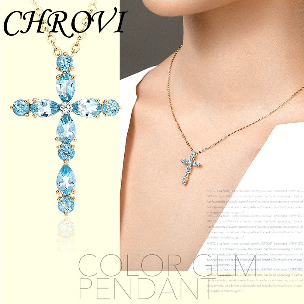Luxury-Style 925 Sterling Silver Topaz Natural Colored Gemstone Cross Beaded Necklace for Women, Around the Neck