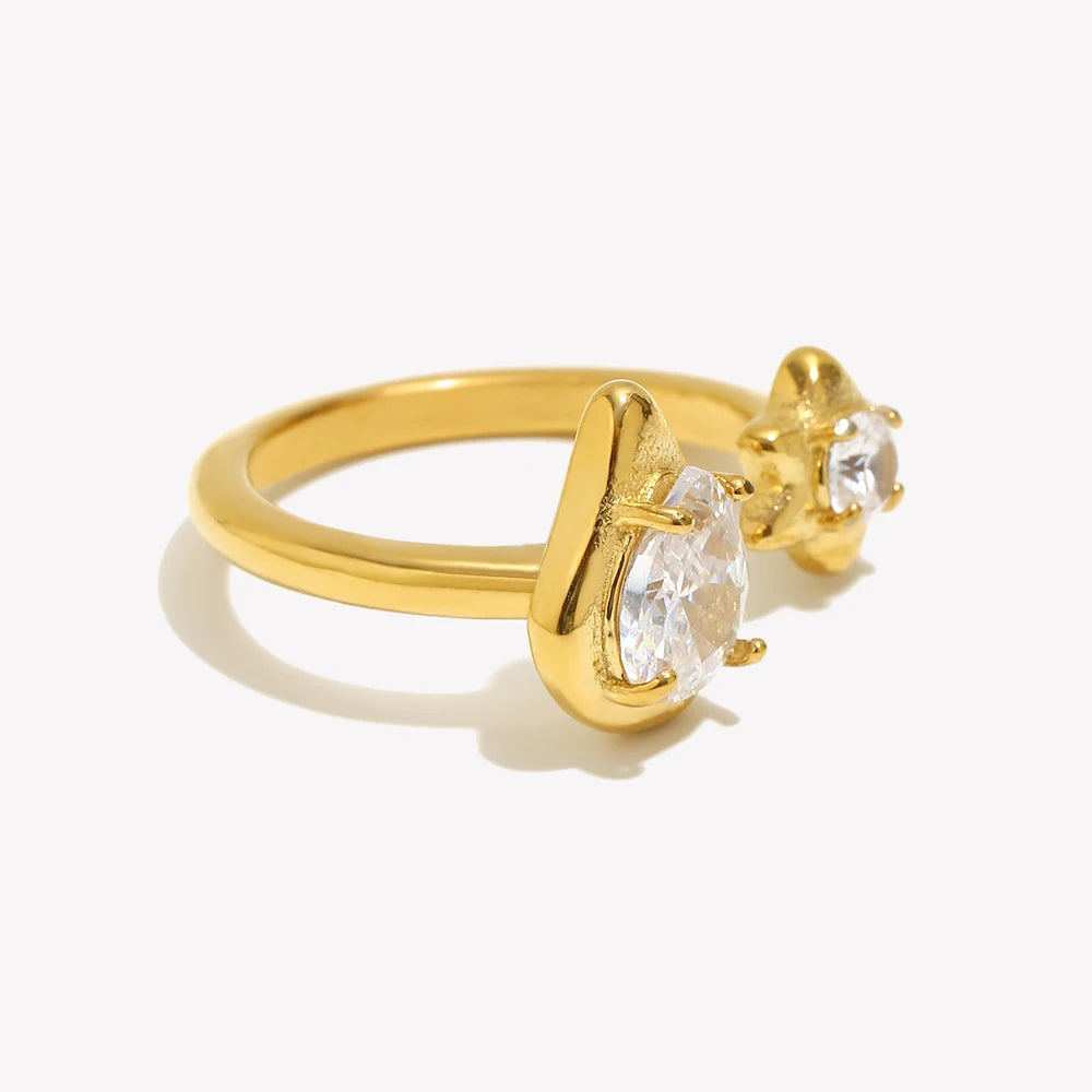 E.B.belle Asymmetric Opening Water Droplets Stars Zircon Ring 18K Gold Plated Women's Rings 316L Stainless Steel Accessories