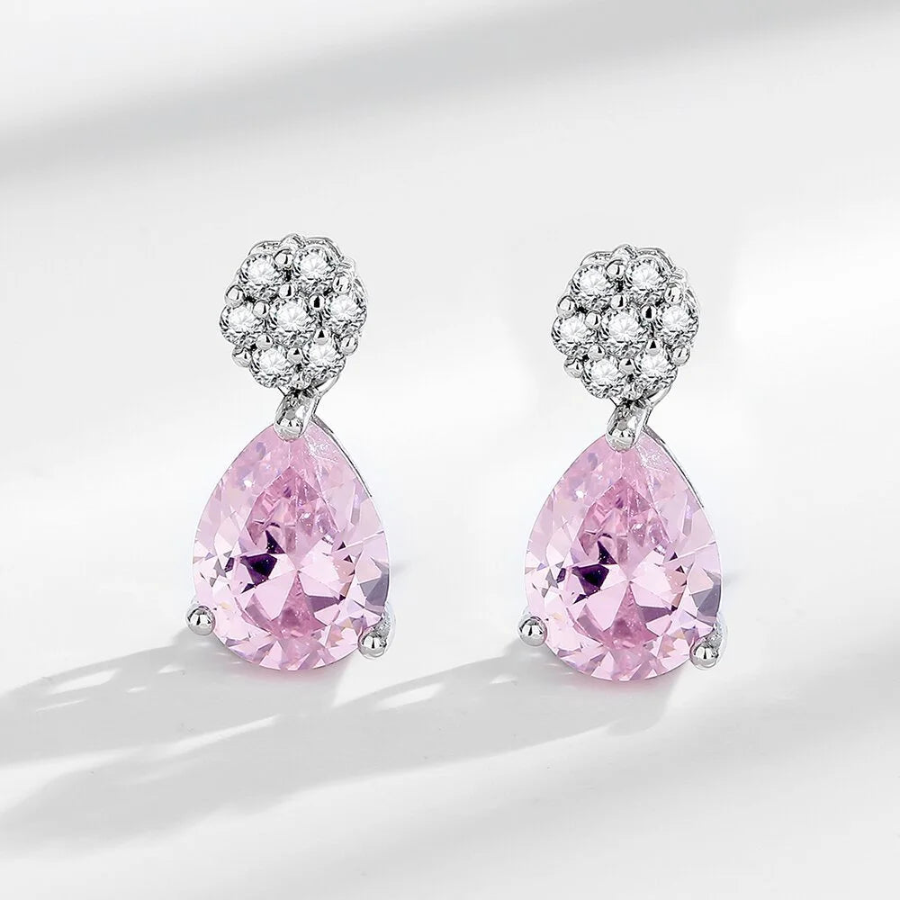 925 Sterling Silver Jewelry Set Shiny Rose Quartz Zircon Women Necklace Earrings Birthday Wedding Party Jewelry Gift