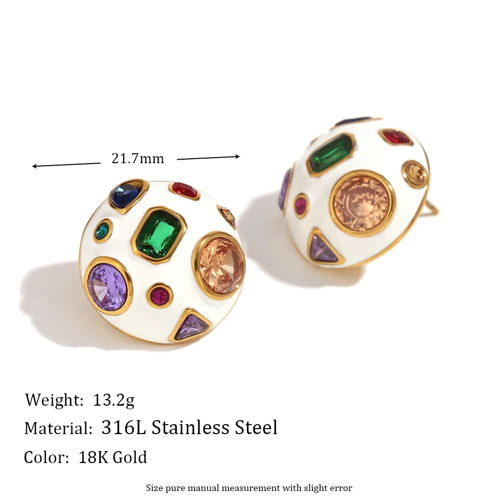 E.B.belle White Enamel Geometric Colored Zirconium Spherical Earrings 18K Gold Plated Gift 316L Stainless Steel Women's Earrings