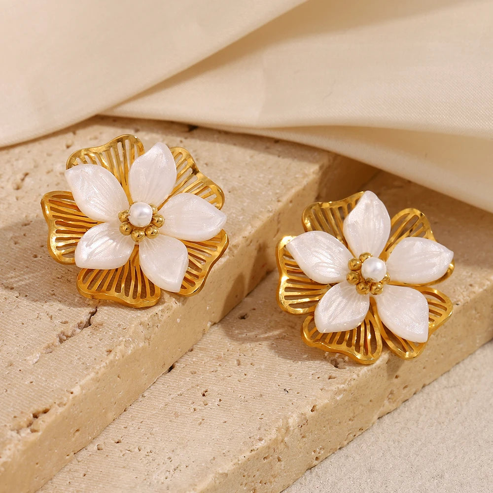 E.B.belle Double Layer Shell Flower Stud Earring PVD Plated Stainless Steel Waterproof Hypoallergenic Women Jewelry Accessories