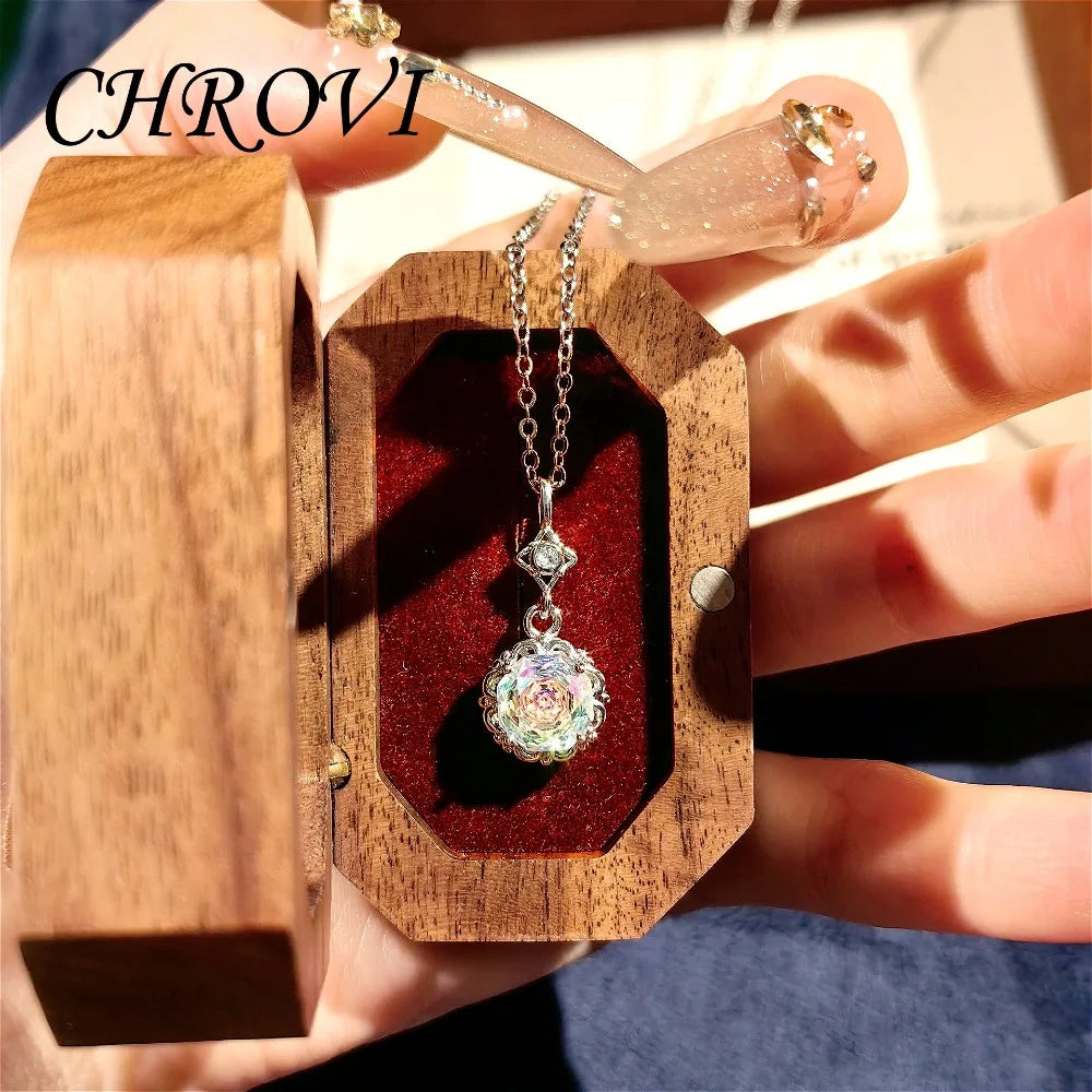Light luxury 925 sterling silver round rose necklace with dazzling zircon stud earrings and gemstone ring set for women