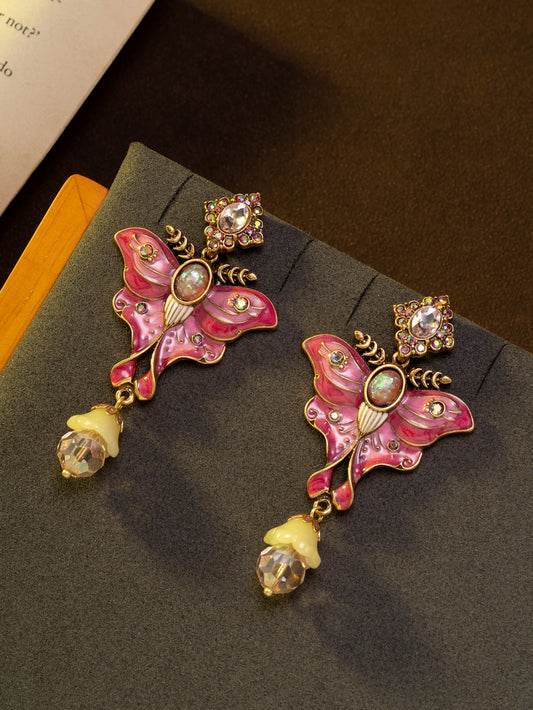 1 Pair of Vintage Cute and Sweet Pink Glitter Enamel Butterfly Pendant Earrings Suitable for Women to Wear Daily, for Festivals, or as a Gift