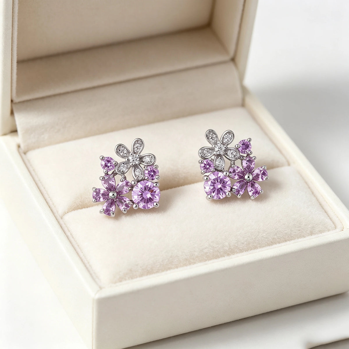 Cute Small Simple Flower Charm Female Purple Zircon New Trendy Stud Earrings Silver Color Wedding Jewelry For Grace Luxury Women