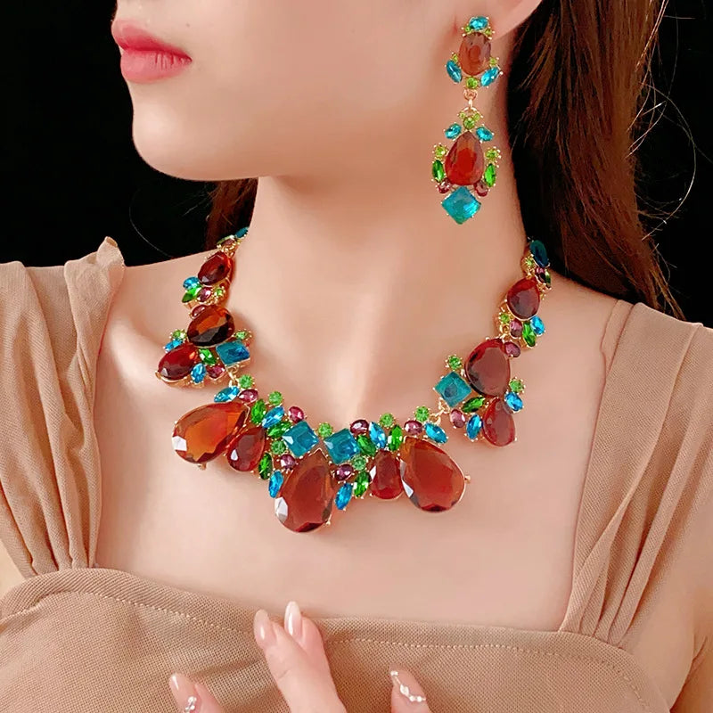 1/2 Pcs Luxury Shiny Rhinestone Choker Necklaces Earrings Set Women Vintage Geometric Bridal Weddings Jewelry Set Banquet N