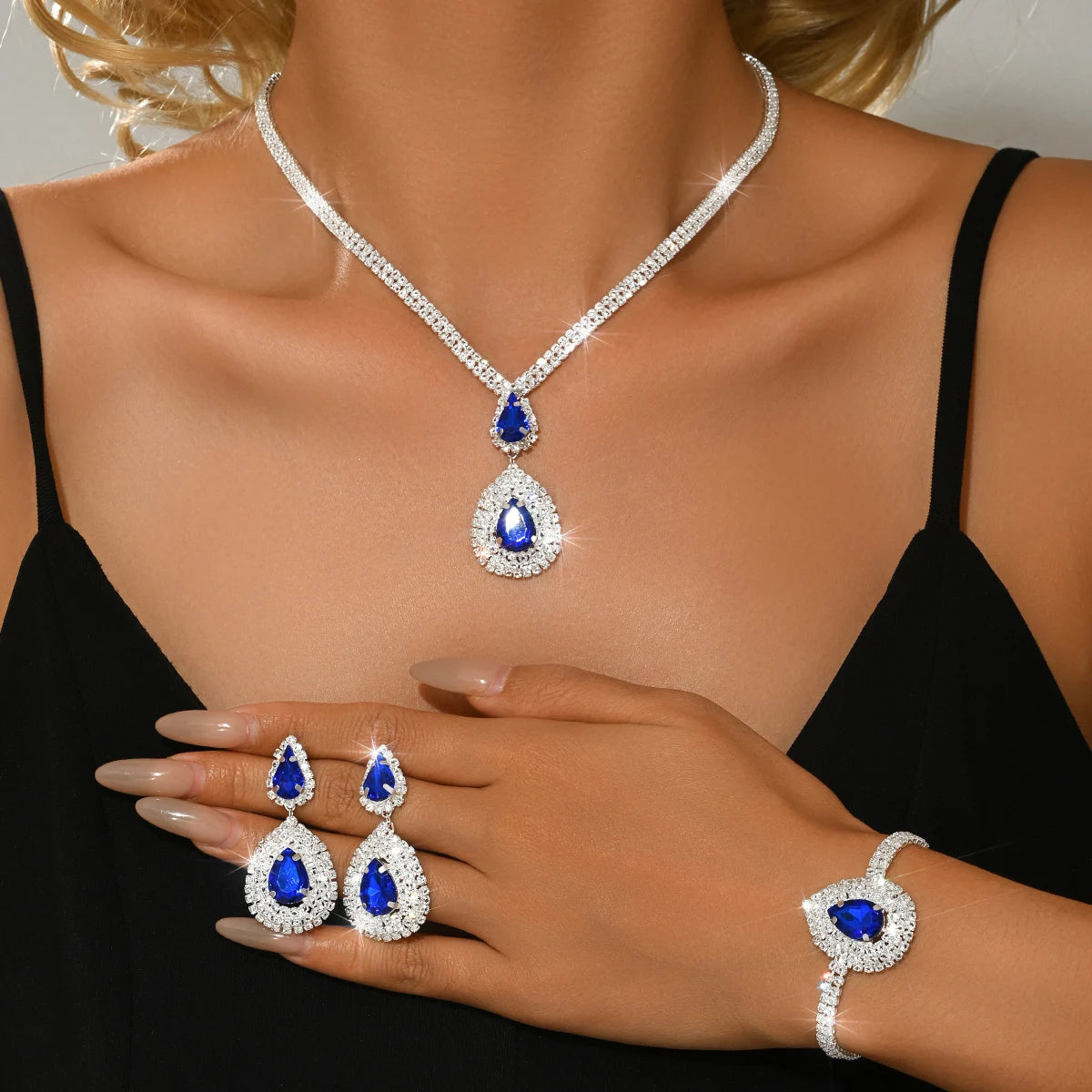 Environmentally friendly, high-quality, and stylish new sparkling multi-color necklace, earring, and bracelet three piece set