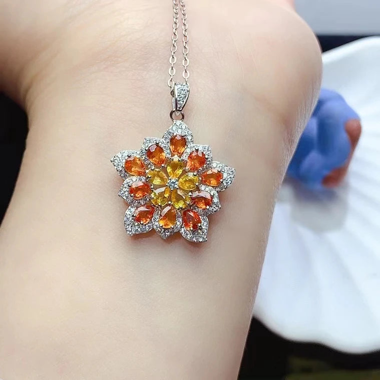 Adorable Natural Yellow Sapphire and Fanta Pendant 925 Silver Gemstone Necklace Pendant with 18K Gold Plated Silver Necklace