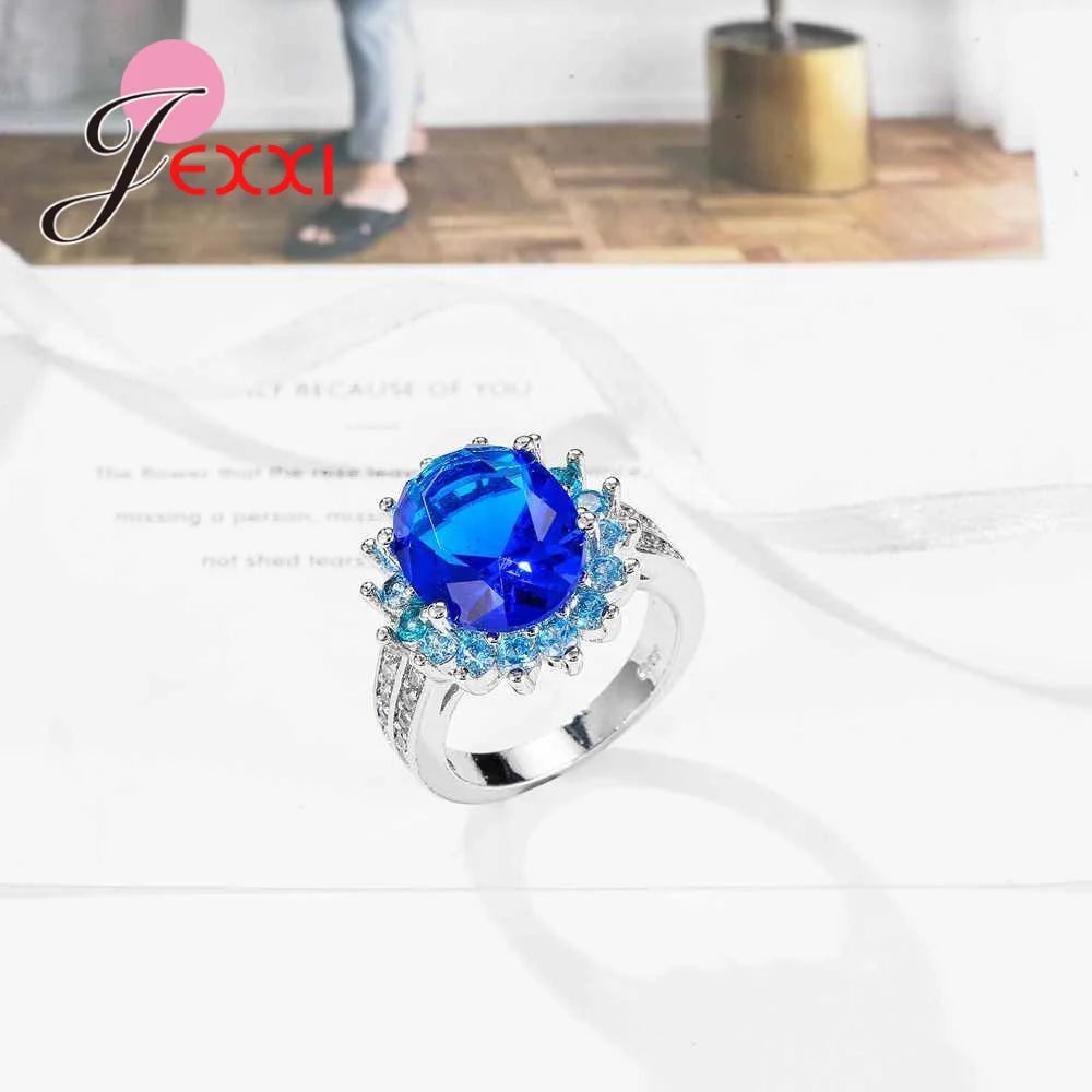 Fancy Big Sunflowers Clearly Blue Crystals Design Women Party Rings 925 Sterling Silver Color Accessory Best Gift Anniversary