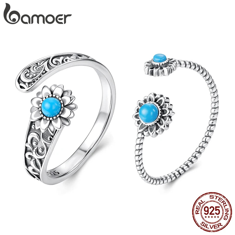 Bamoer 925 Sterling Silver Sunflower Turquoise Open Ring Adjustable Retro Oxidized Ring for Mother Birthday Gift Fine Jewelry