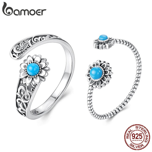Bamoer 925 Sterling Silver Sunflower Turquoise Open Ring Adjustable Retro Oxidized Ring for Mother Birthday Gift Fine Jewelry