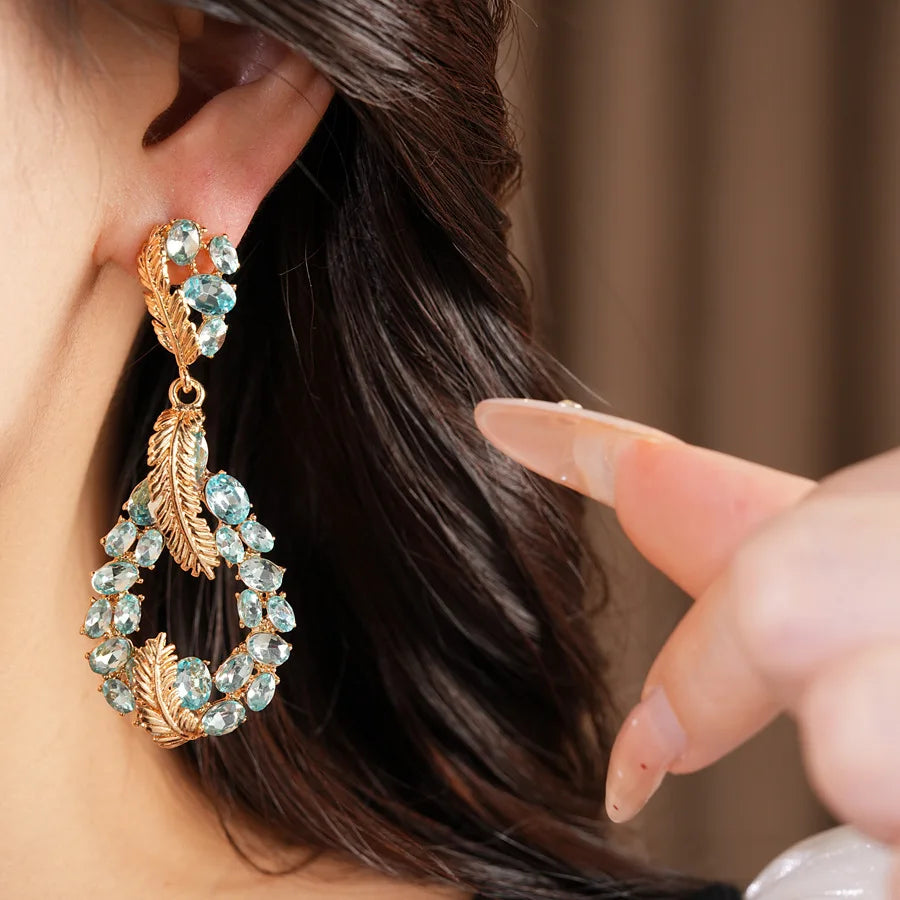 Vintage Rhinestone Inlaid Feather Drop Earrings Retro Style Light Luxury High Grade Elegant Exquisite Stud Ear Jewelry For Women