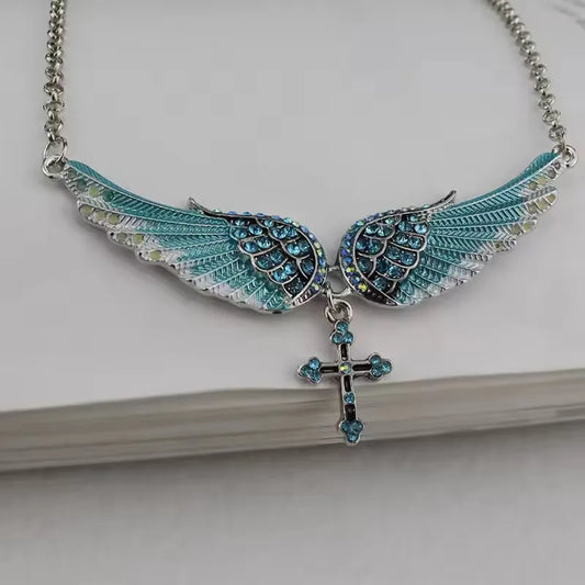 Gothic Vintage Crystal Angel Wings Cross Pendant Silver Color Choker Necklace For Women Y2K Neck Charm Personalized Jewelry