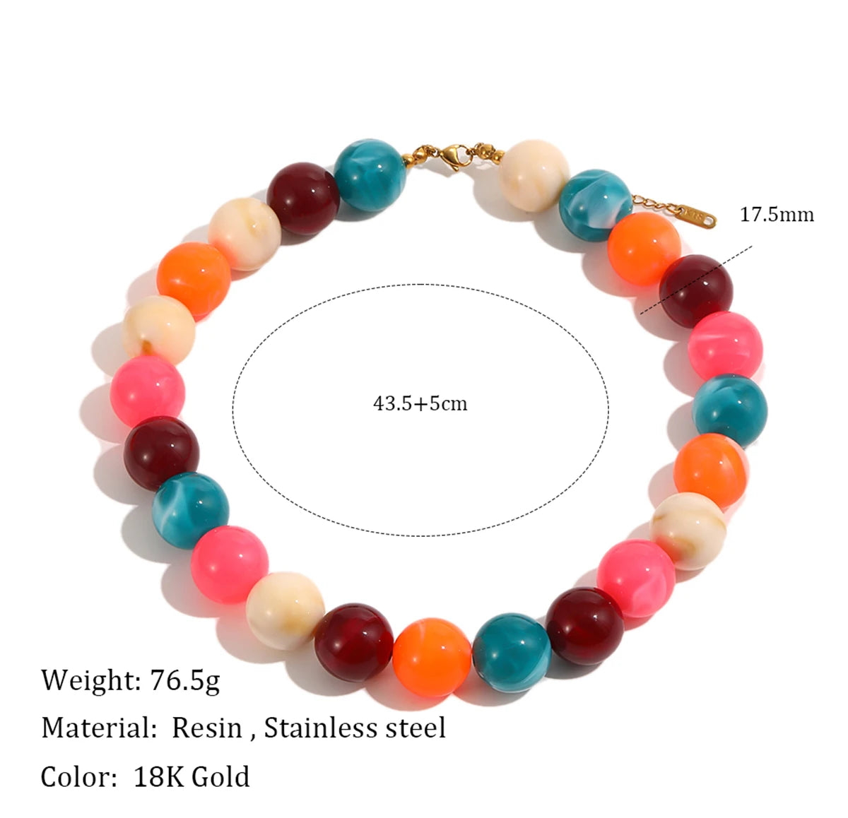 E.B.belle Colorful Marbled Resin Bead Necklace Hypoallergenic Chunky Beaded Chain Bohemian Holiday Women Jewelry Accessories