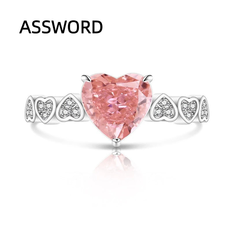 925 Sterling Silver Heart Cut Birthstone Ring for Women Multi Heart Pave CZ Band Solitaire Wedding Band Romantic Jewelry Gift