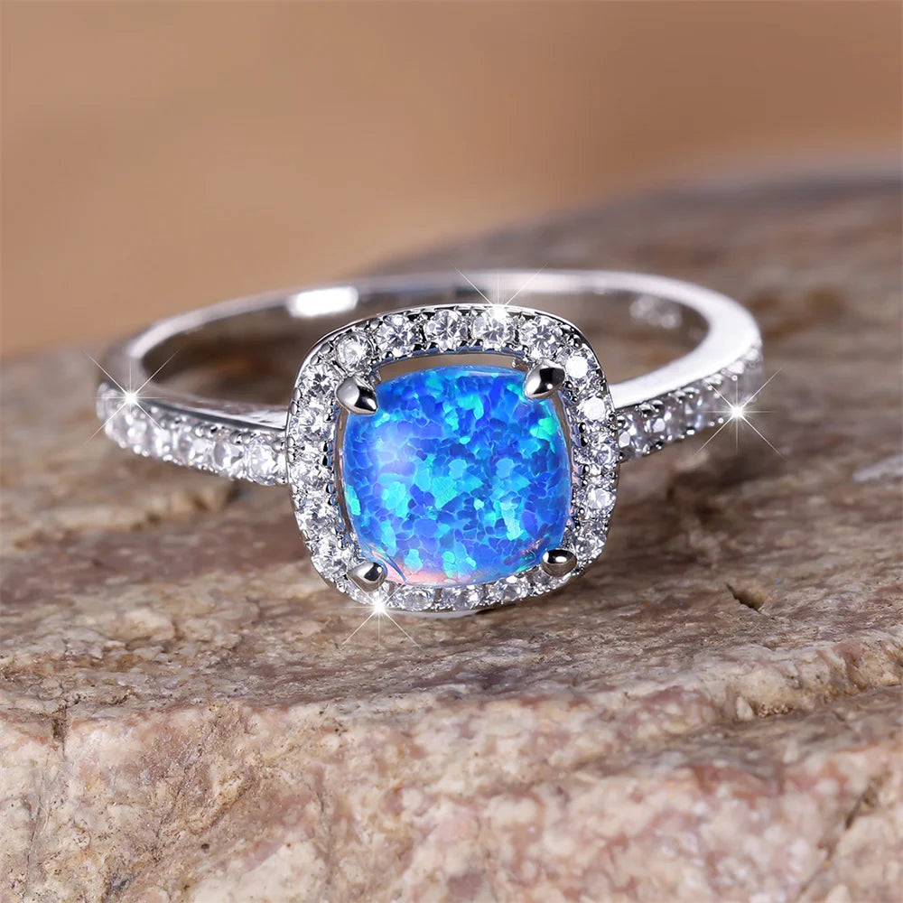 Blue Opal Square Engagement Ring White Round CZ Stone Wedding Rings For Women Silver Color Jewelry Simple Fashion Accessory Gift